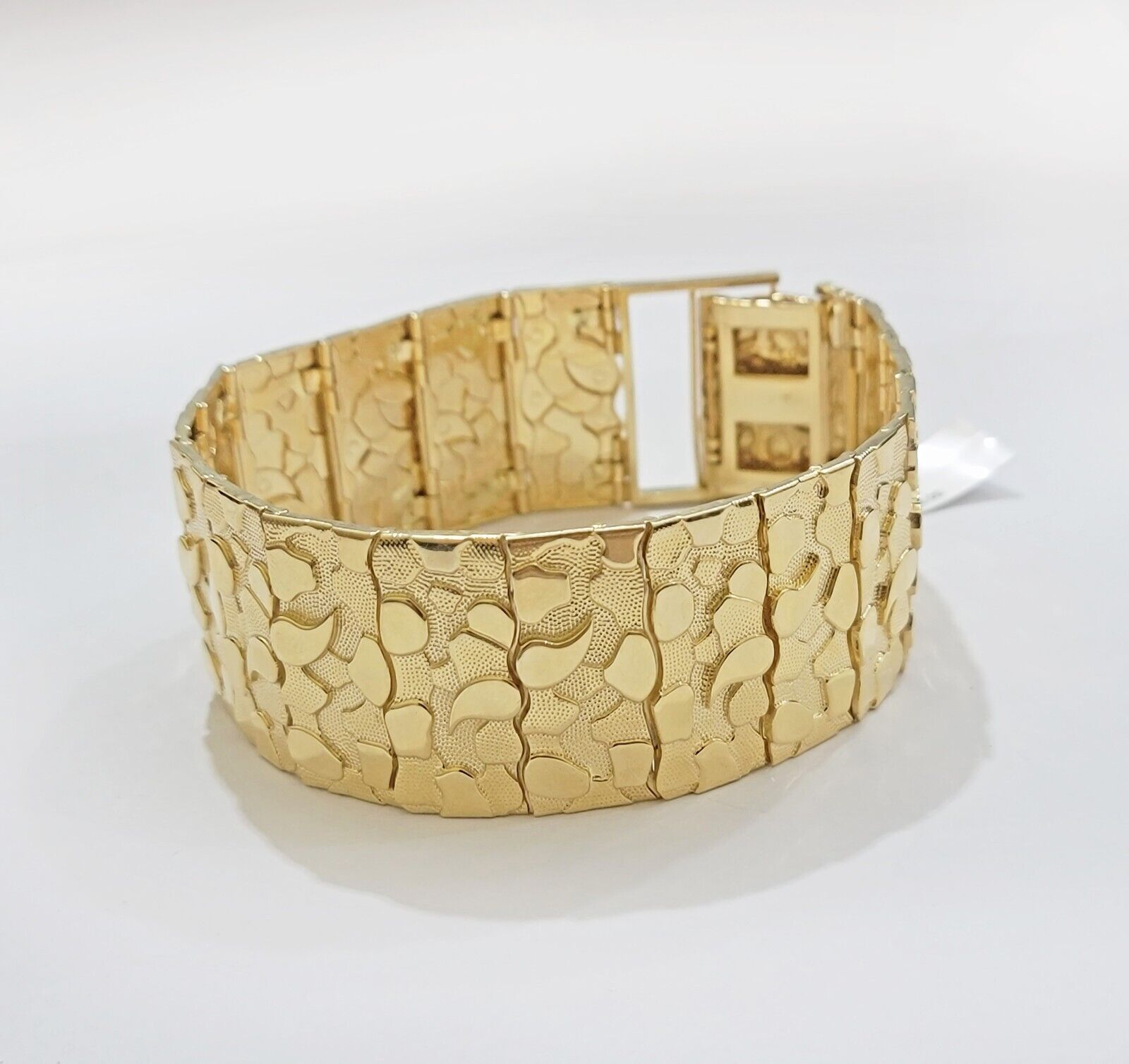 Real 14k Gold Nugget Bracelet Mens 10 Inch Long 30mm Thick Genuine 14 KT Solid - GoldenlinQ